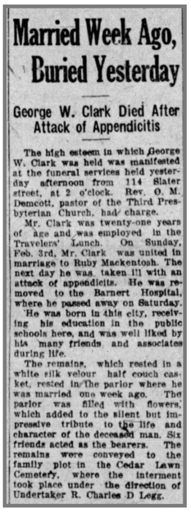 Newspaper clipping from a Paterson, NJ Newspaper reports the sad story of George Clark, who died of appendicitis at 114 Slater, a week after his wedding